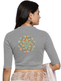 Women Back Printed Stretchable Elbow Sleeve RIB Blouse U0119 LT Steel Grey