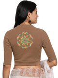 Women Back Printed Stretchable Elbow Sleeve RIB Blouse U0119 Biscuit