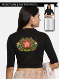 Women Back Printed Stretchable Elbow Sleeve RIB Blouse U0120 Black