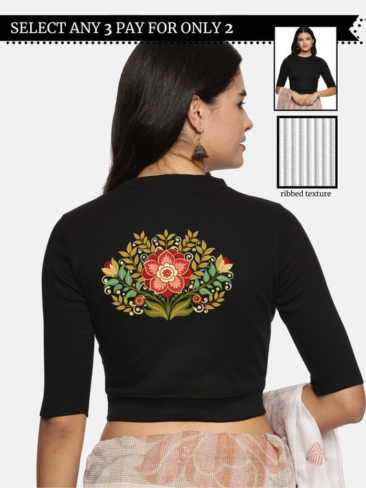 Women Back Printed Stretchable Elbow Sleeve RIB Blouse U0120 Black