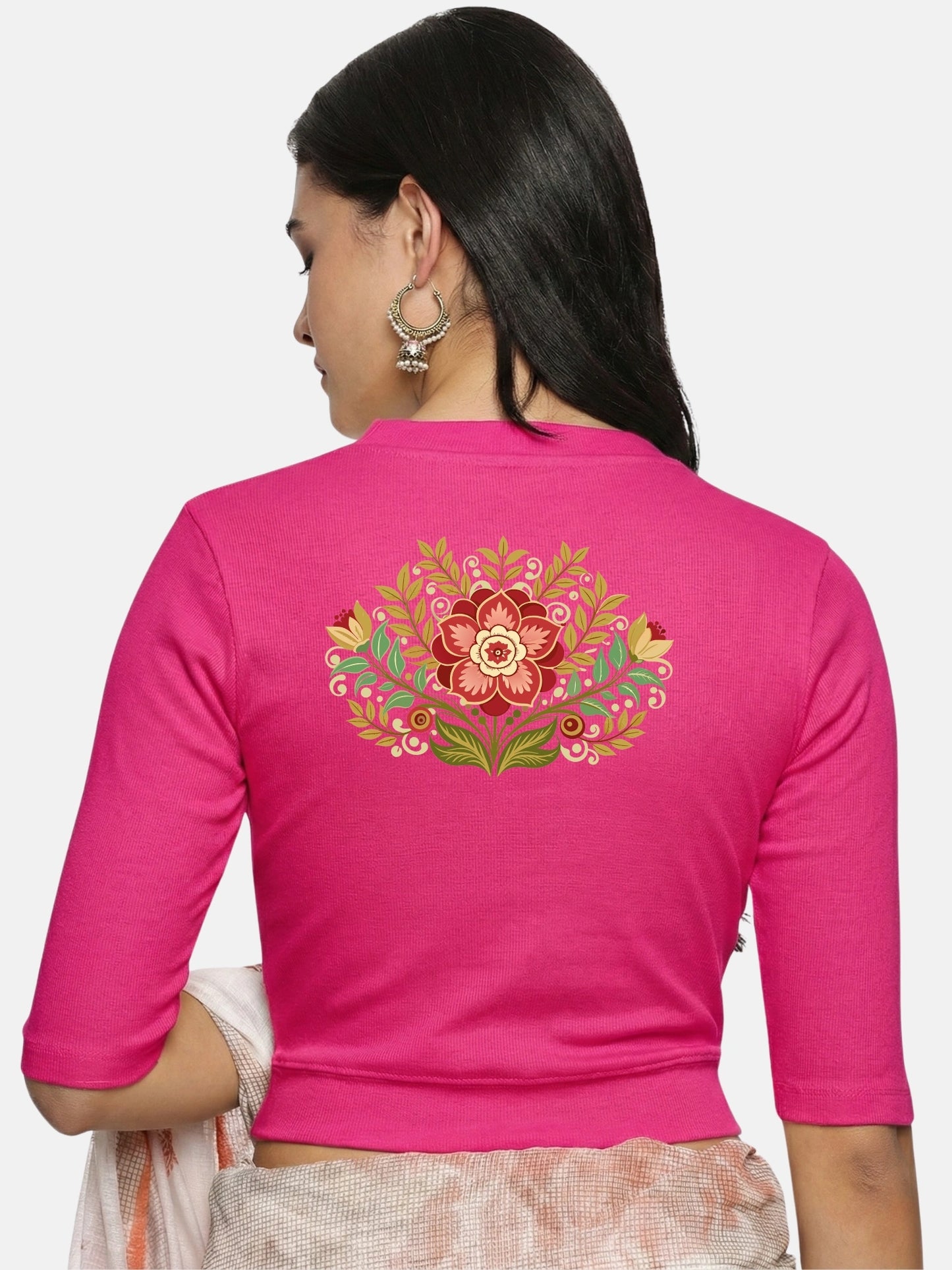 Women Back Printed Stretchable Elbow Sleeve RIB Blouse U0120 Rani Pink