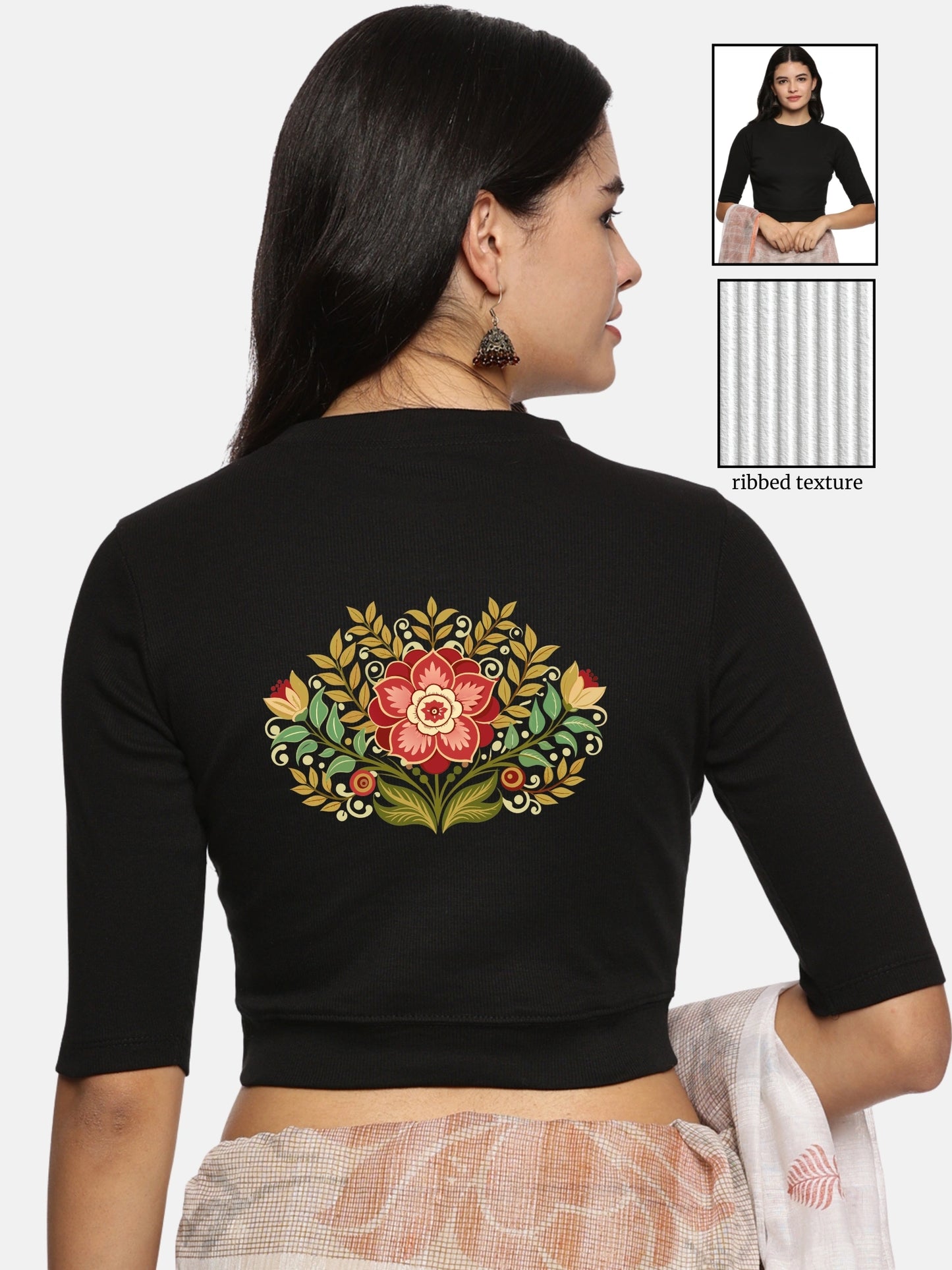 Women Back Printed Stretchable Elbow Sleeve RIB Blouse U0120 Black