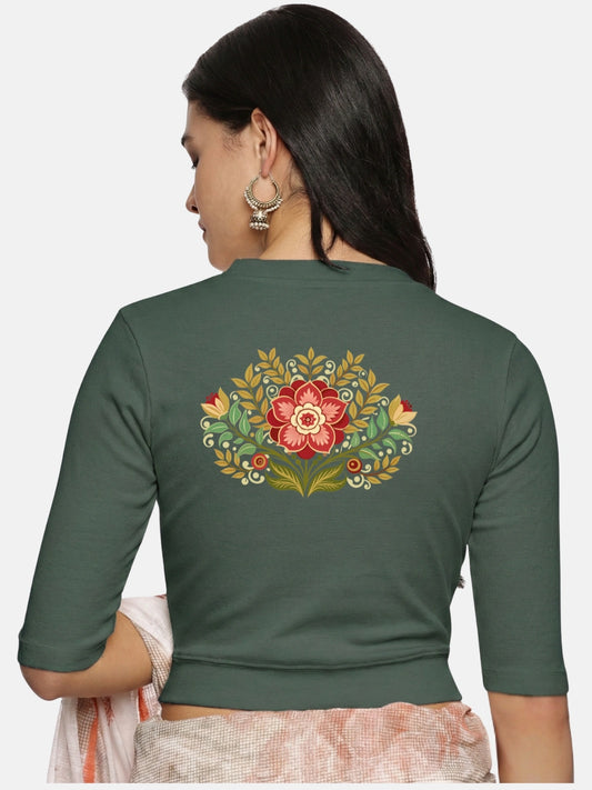 Women Back Printed Stretchable Elbow Sleeve RIB Blouse U0120 Khaki Green