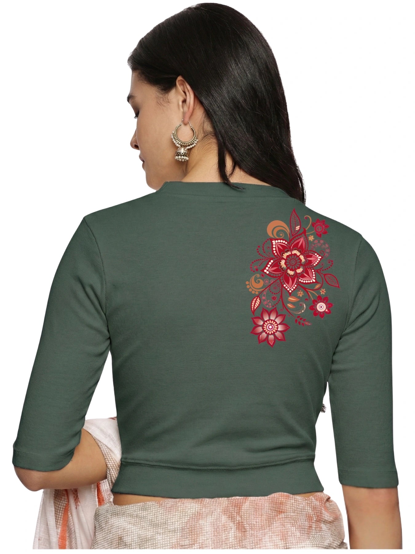 Women Back Printed Stretchable Elbow Sleeve RIB Blouse U0122 Khaki Green