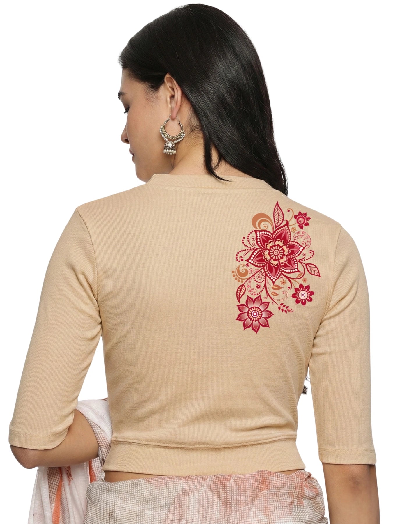 Women Back Printed Stretchable Elbow Sleeve RIB Blouse U0122 Chikoo