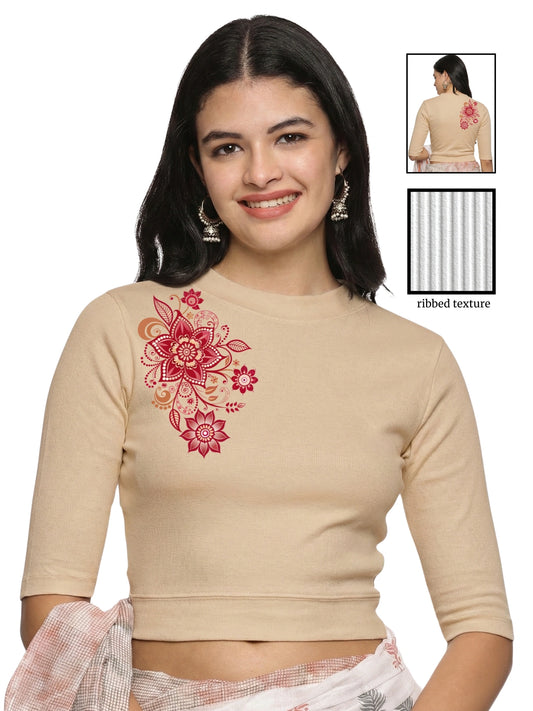 Women Back Printed Stretchable Elbow Sleeve RIB Blouse U0122 Chikoo