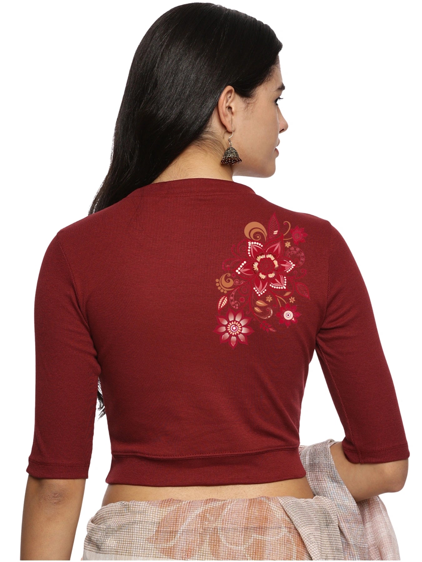 Women Back Printed Stretchable Elbow Sleeve RIB Blouse U0122 Maroon