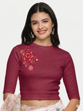 Women Back Printed Stretchable Elbow Sleeve RIB Blouse U0122 Wine Pink