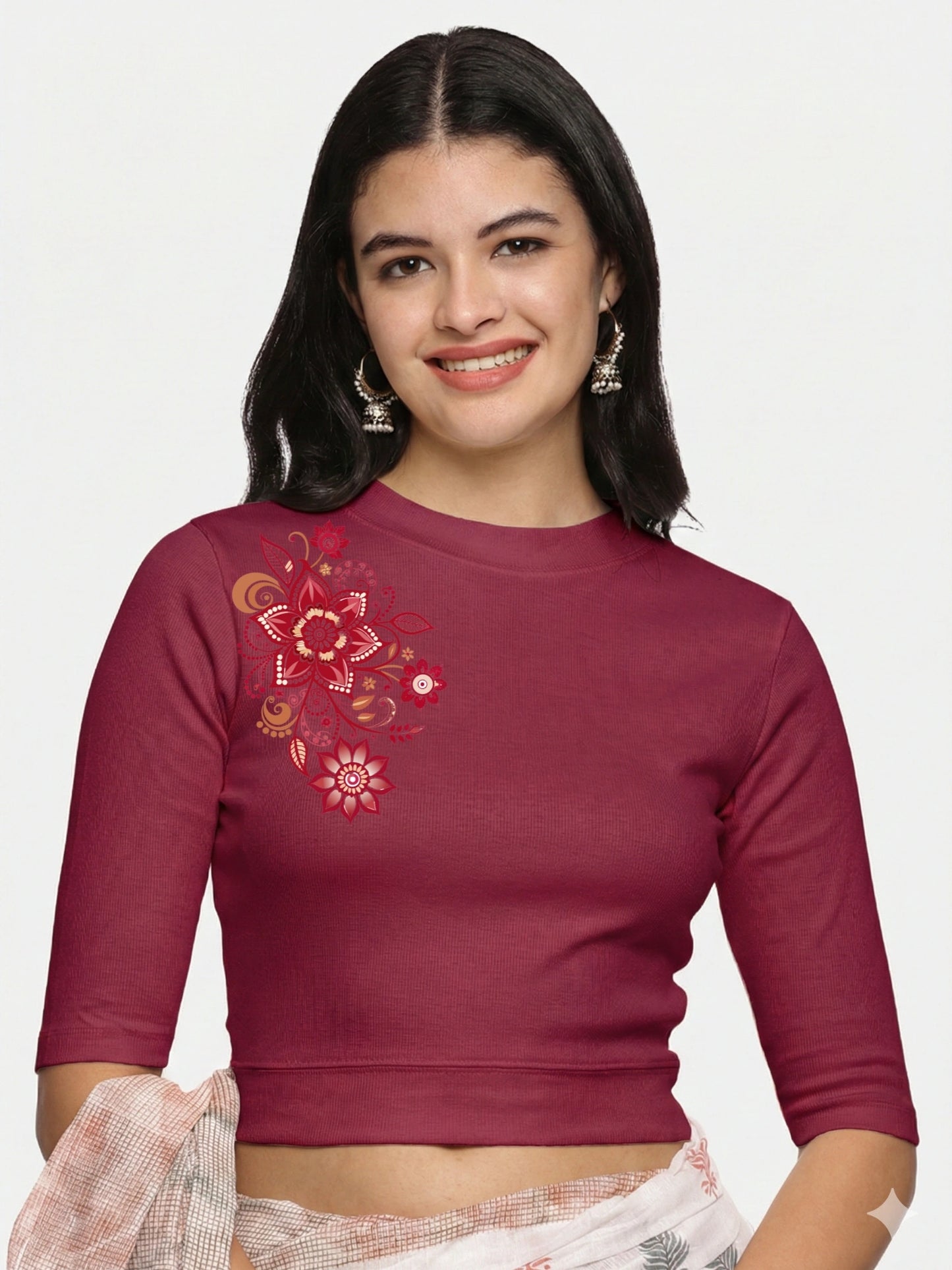 Women Back Printed Stretchable Elbow Sleeve RIB Blouse U0122 Wine Pink