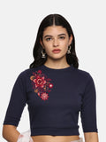 Women Back Printed Stretchable Elbow Sleeve RIB Blouse U0122 Navy