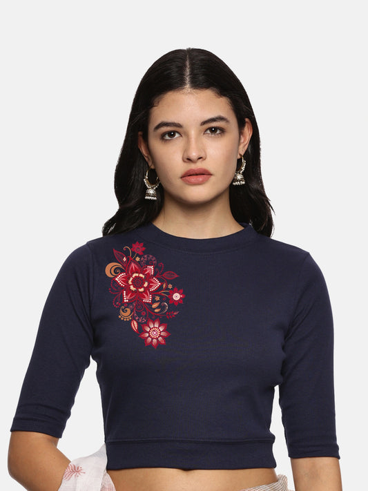 Women Back Printed Stretchable Elbow Sleeve RIB Blouse U0122 Navy