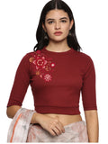 Women Back Printed Stretchable Elbow Sleeve RIB Blouse U0122 Maroon
