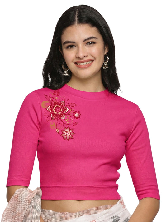 Women Back Printed Stretchable Elbow Sleeve RIB Blouse U0122 Rani Pink