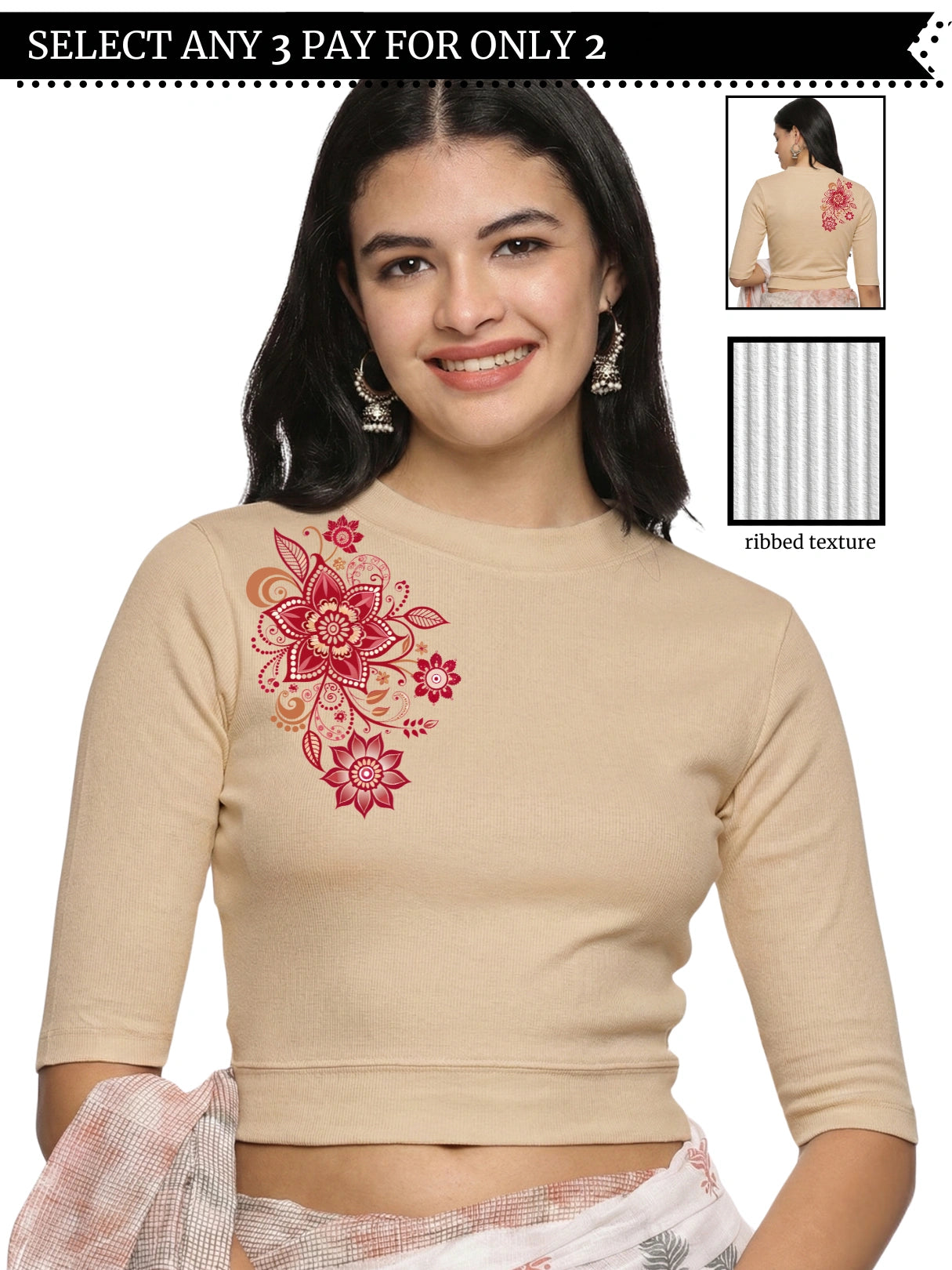 Women Back Printed Stretchable Elbow Sleeve RIB Blouse U0122 Chikoo