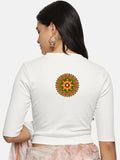 Women Back Printed Stretchable Elbow Sleeve RIB Blouse U0129R White