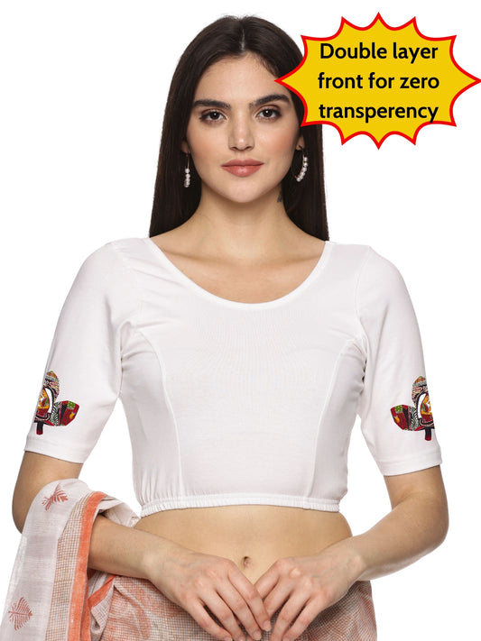 Women Back Printed Stretchable Half Sleeve Blouse U0140A White