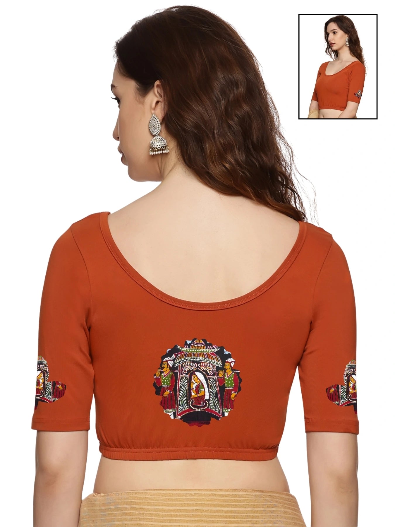 Women Back Printed Stretchable Half Sleeve Blouse U0140A Rust