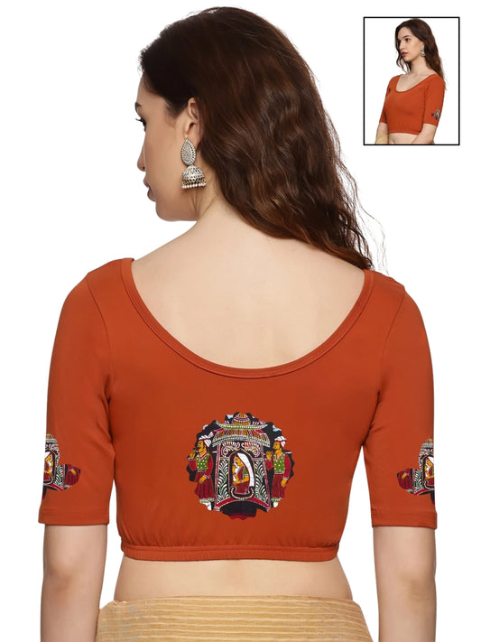Women Back Printed Stretchable Half Sleeve Blouse U0140A Rust
