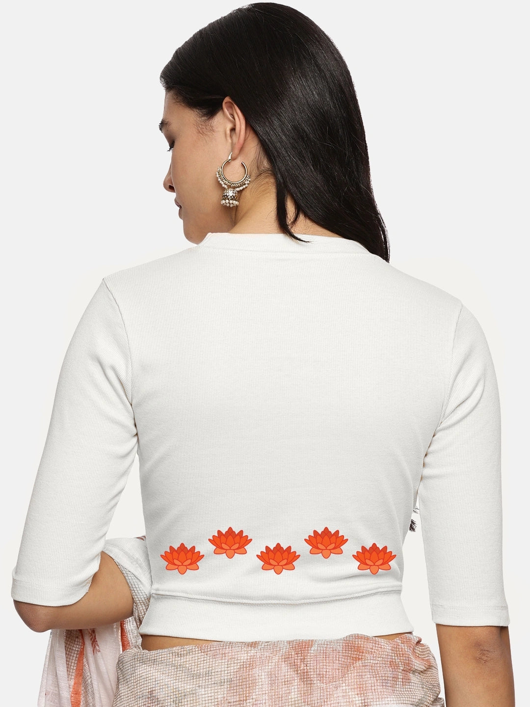 Women Back Printed Stretchable Elbow Sleeve RIB Blouse U0147 - notyetbyus