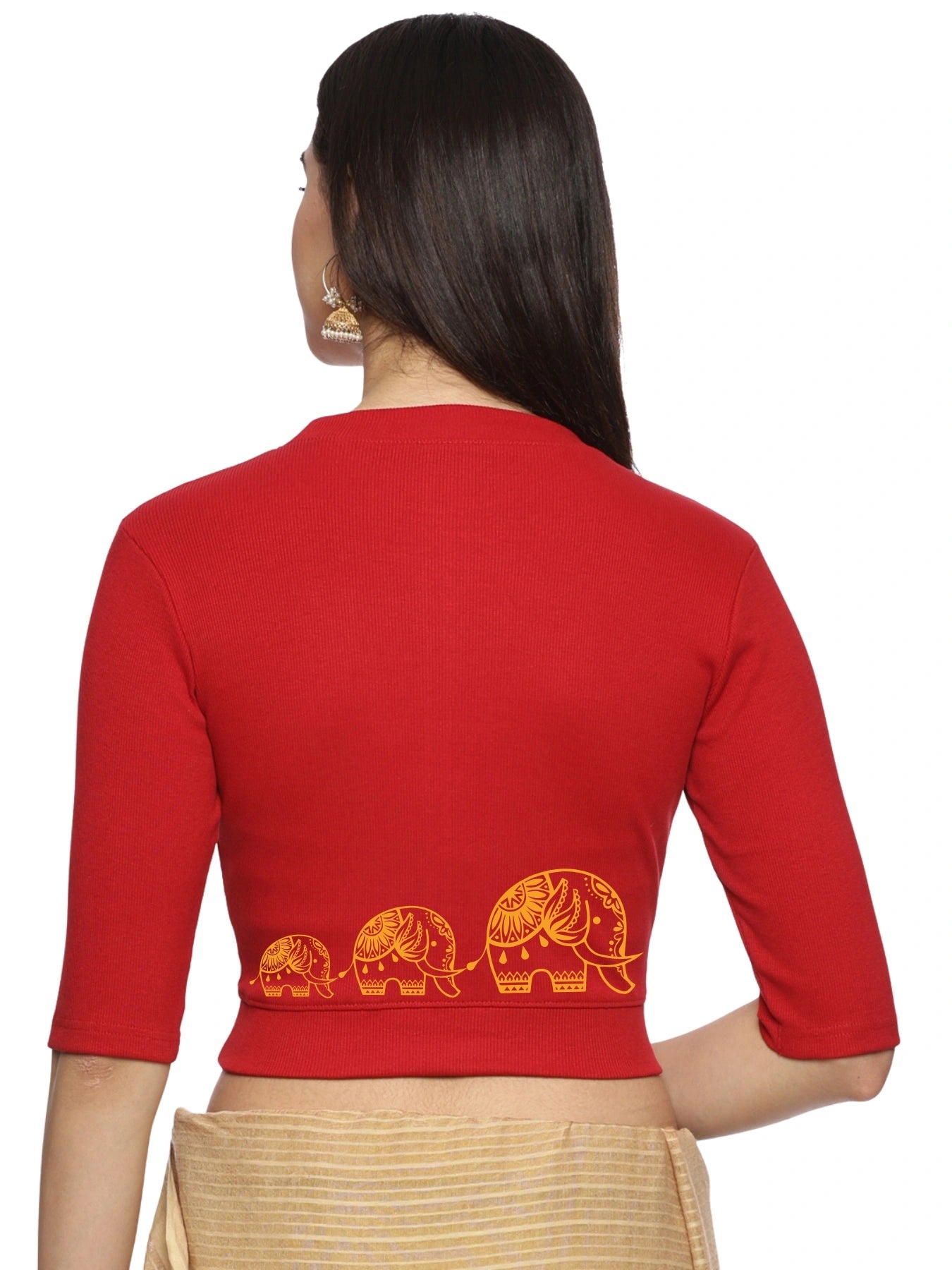 Women Back Printed Stretchable Elbow Sleeve RIB Blouse U0148