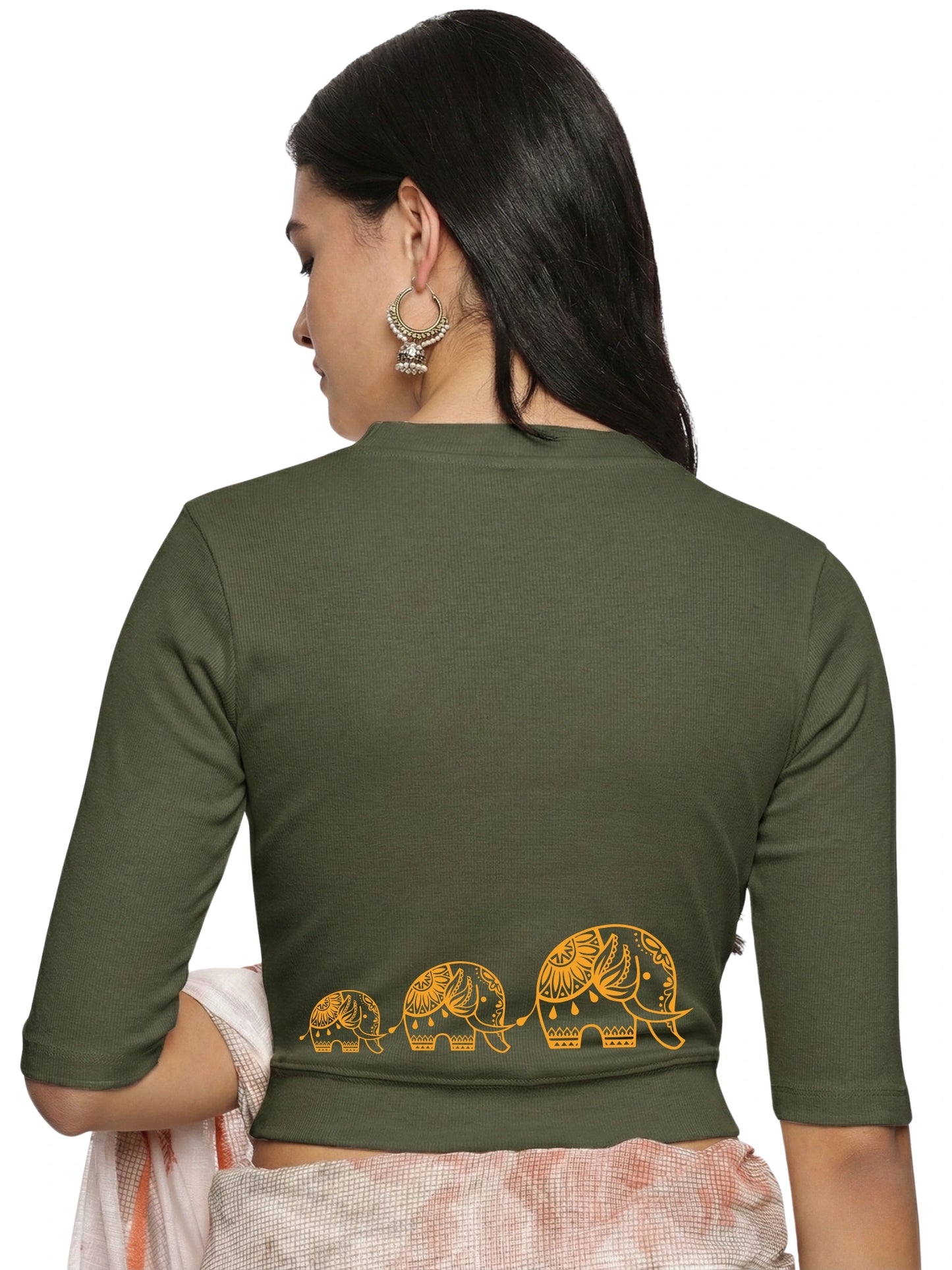 Women Back Printed Stretchable Elbow Sleeve RIB Blouse U0148 Olive Green