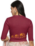 Women Back Printed Stretchable Elbow Sleeve RIB Blouse U0148 Wine Pink