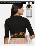 Women Back Printed Stretchable Elbow Sleeve RIB Blouse U0148 Black
