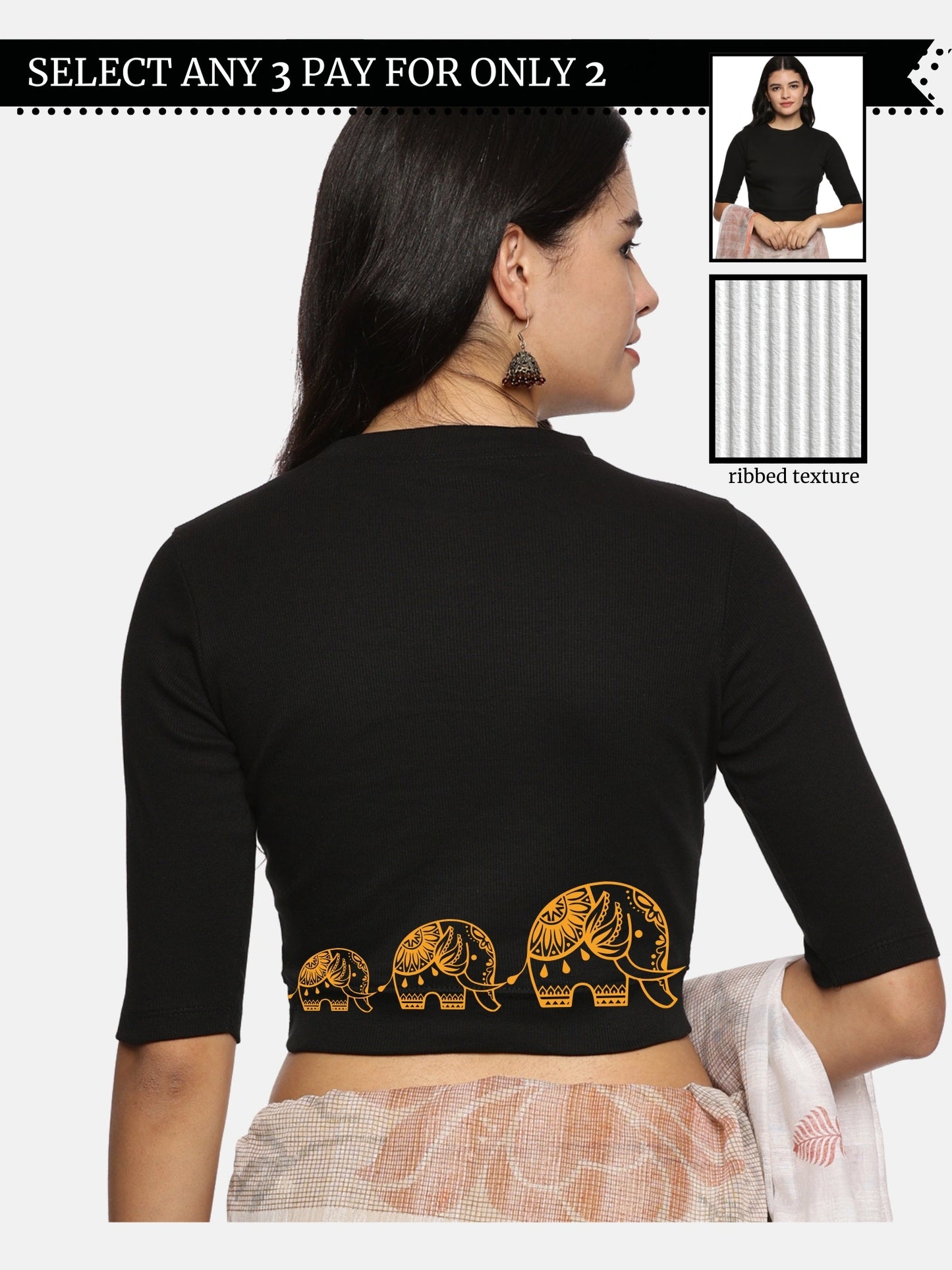 Women Back Printed Stretchable Elbow Sleeve RIB Blouse U0148 Black