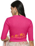 Women Back Printed Stretchable Elbow Sleeve RIB Blouse U0148 Rani Pink