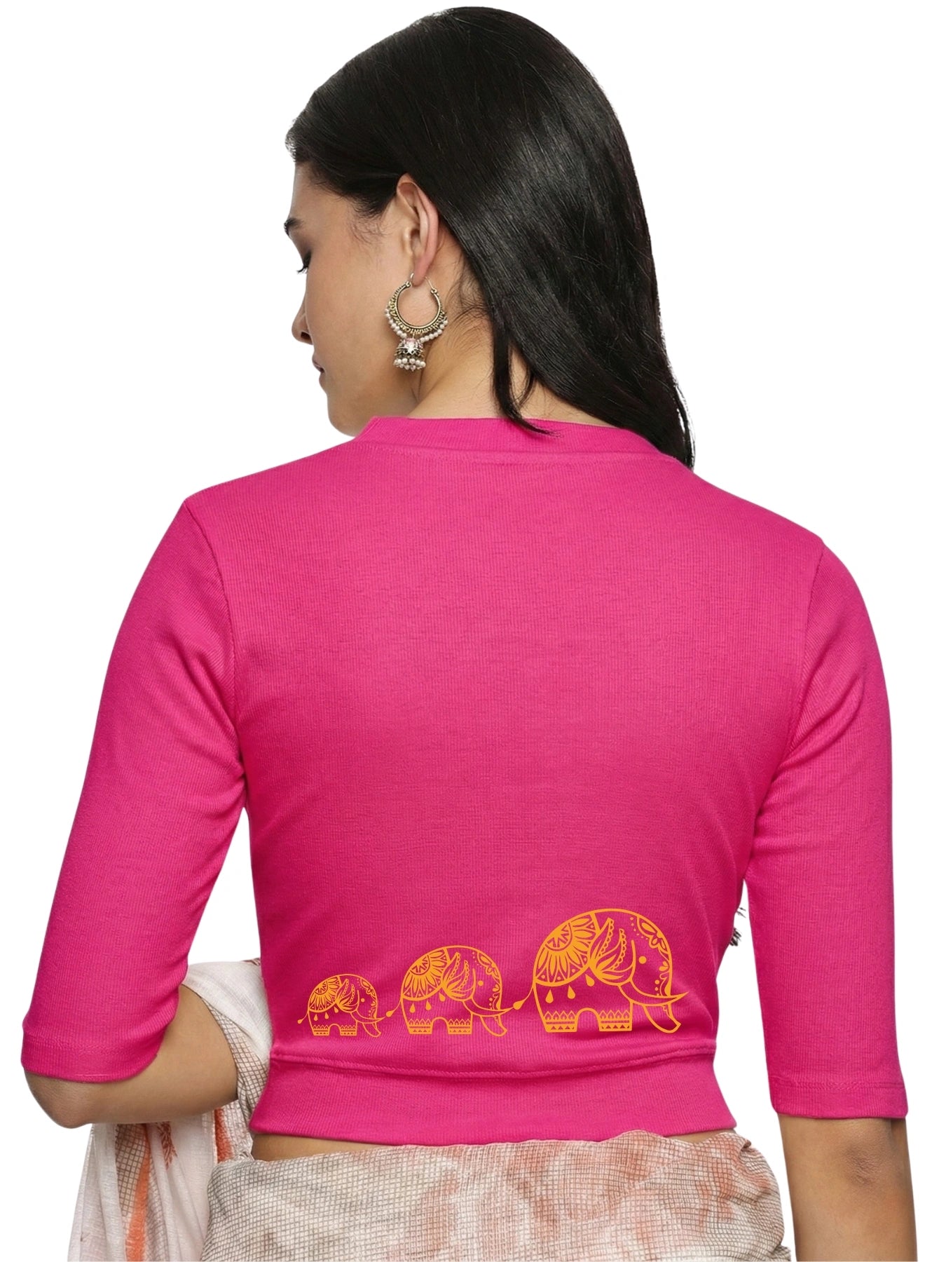 Women Back Printed Stretchable Elbow Sleeve RIB Blouse U0148 Rani Pink