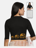 Women Back Printed Stretchable Elbow Sleeve RIB Blouse U0148 Black