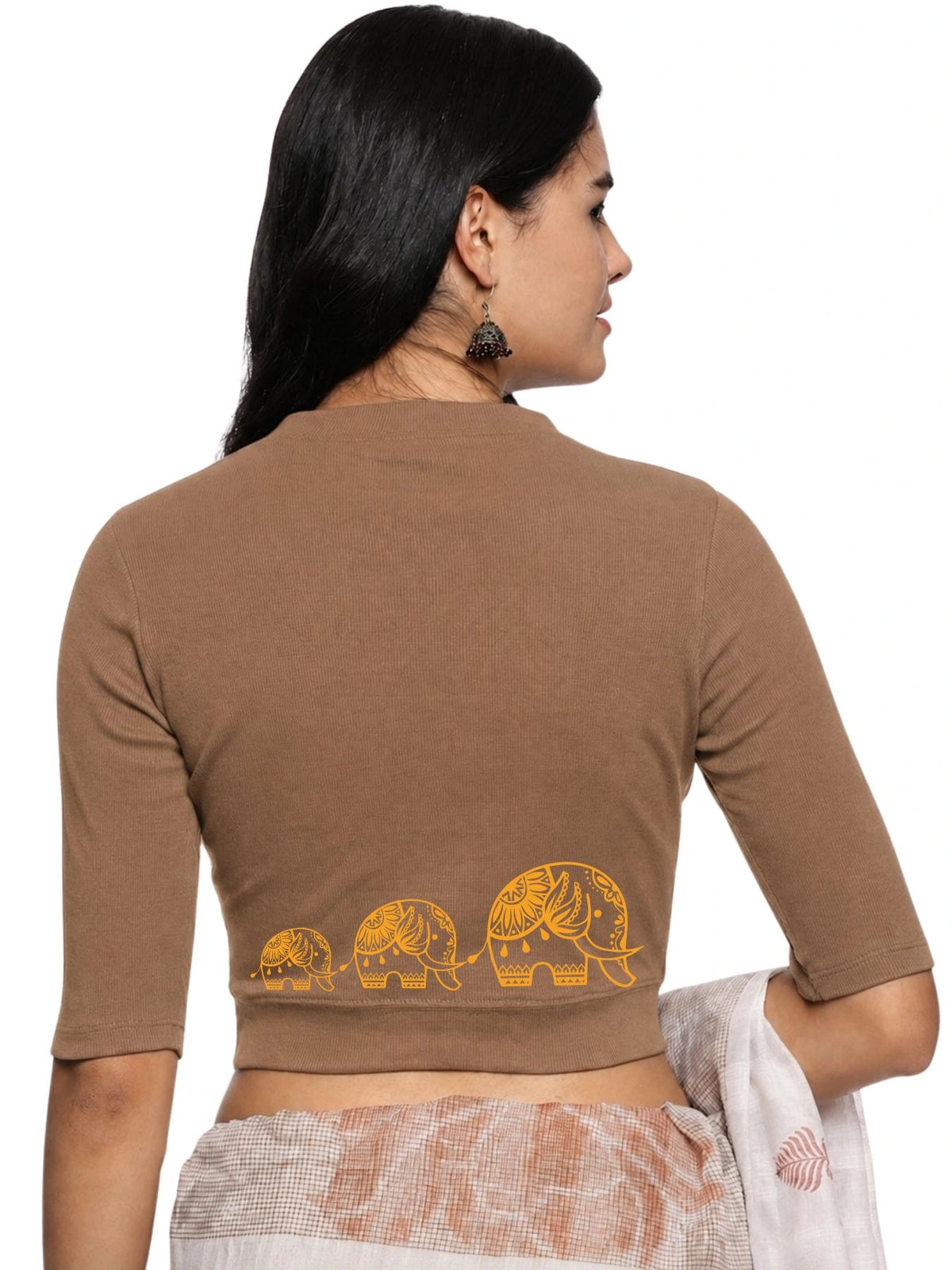 Women Back Printed Stretchable Elbow Sleeve RIB Blouse U0148 Biscuit
