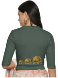 Women Back Printed Stretchable Elbow Sleeve RIB Blouse U0148 Khaki Green