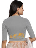 Women Back Printed Stretchable Elbow Sleeve RIB Blouse U0148 LT Steel Grey