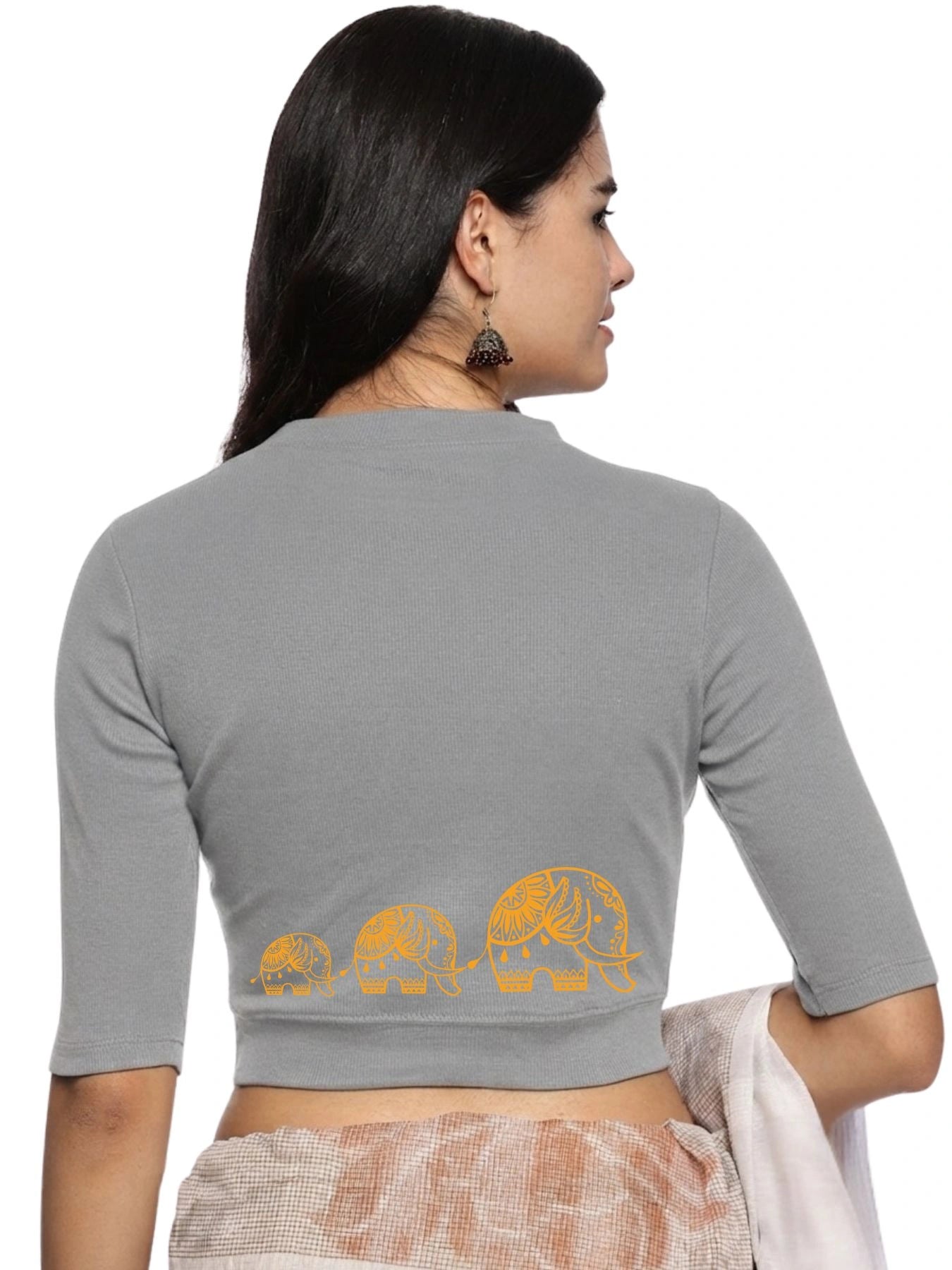 Women Back Printed Stretchable Elbow Sleeve RIB Blouse U0148 LT Steel Grey
