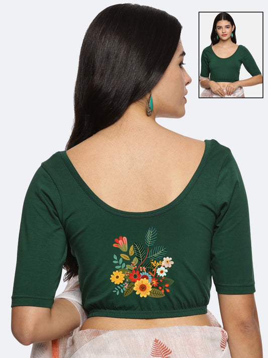 Women Back Printed Stretchable Half Sleeve Blouse U0161 Bottle Green