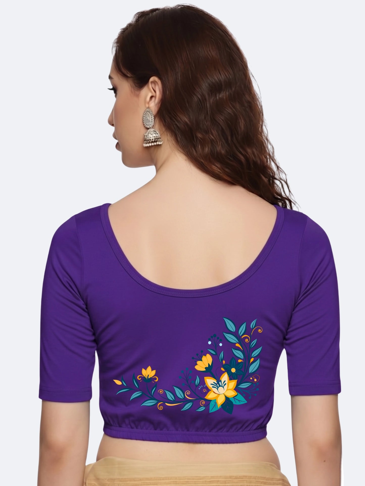 Women Back Printed Stretchable Half Sleeve Blouse U0164 Purple