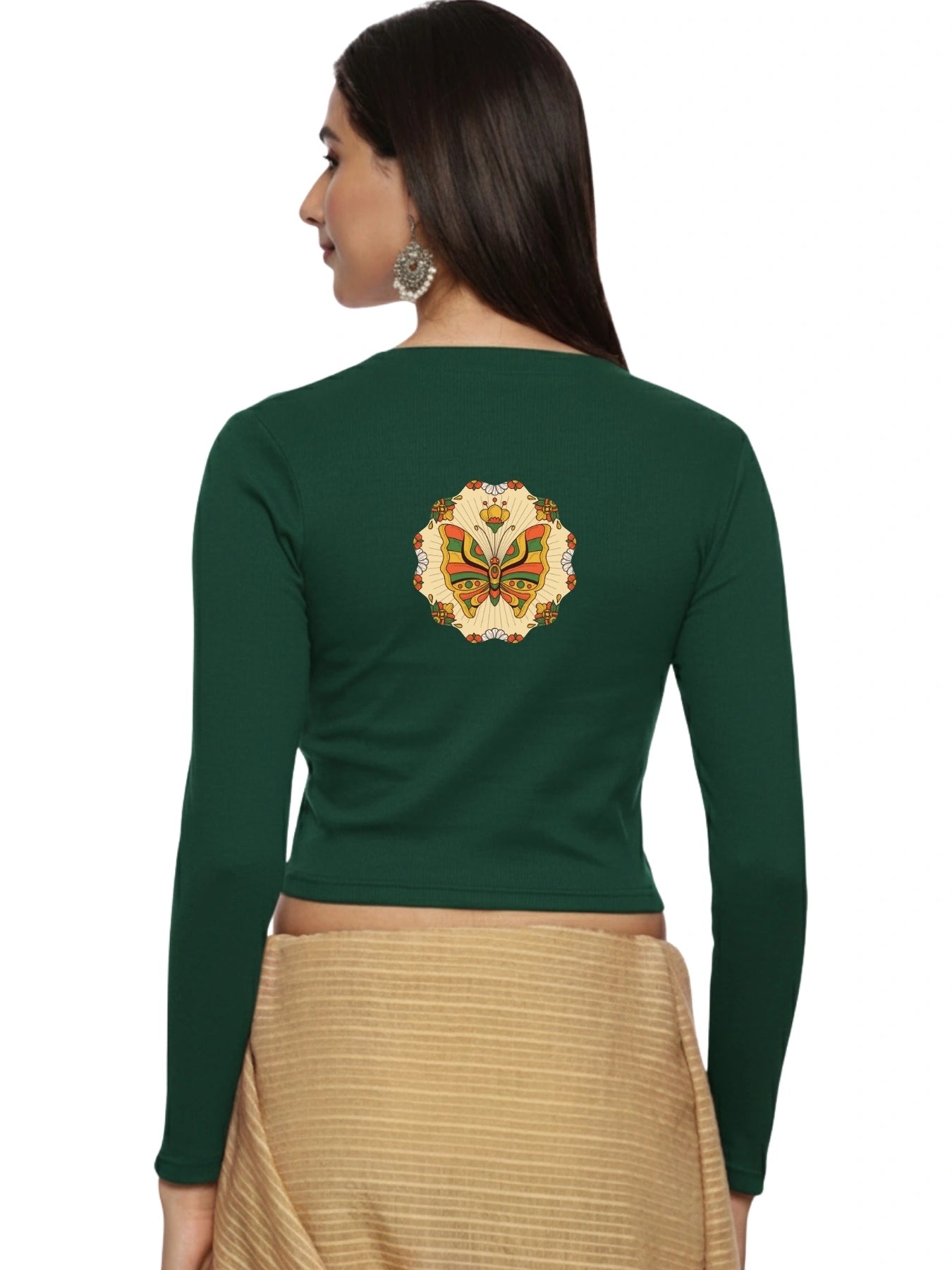 Women Back Printed Stretchable Full Sleeve V Neck RIB Blouse U0184