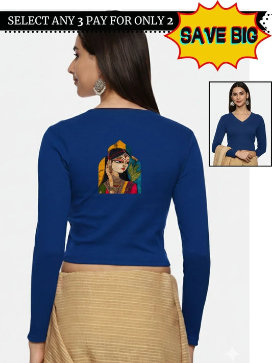 Women Back Printed Stretchable Full Sleeve V Neck RIB Blouse U0185 - notyetbyus