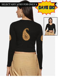 Women Back Printed Stretchable Full Sleeve V Neck RIB Blouse U0186 Black