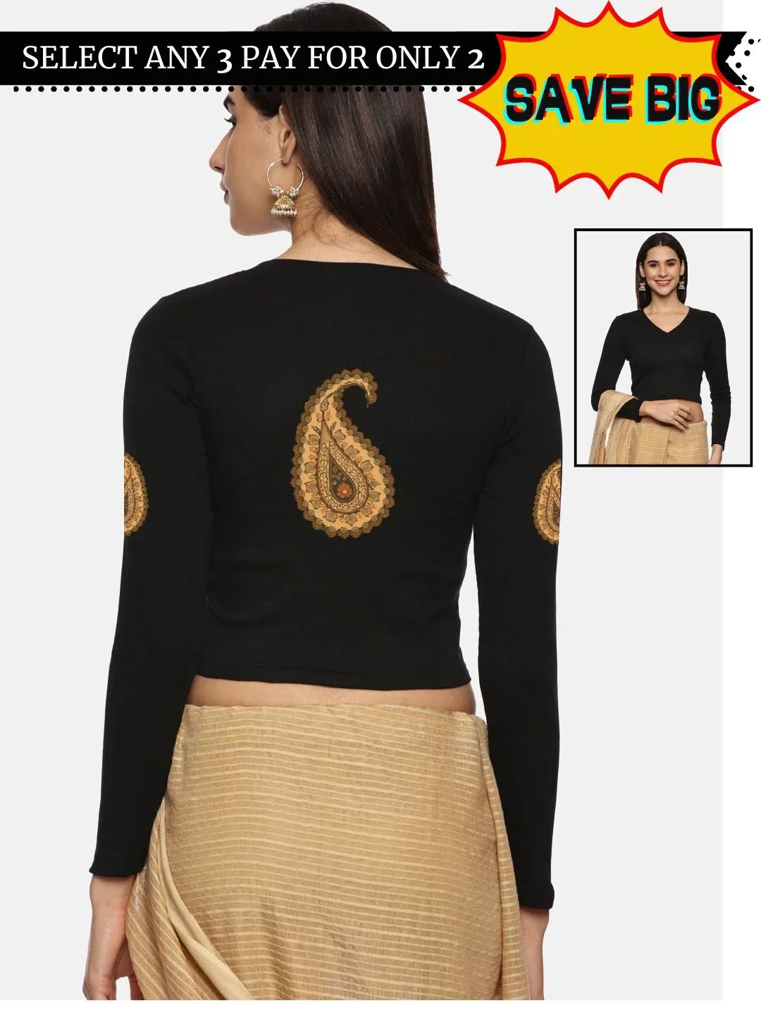Women Back Printed Stretchable Full Sleeve V Neck RIB Blouse U0186 - notyetbyus