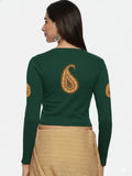 Women Back Printed Stretchable Full Sleeve V Neck RIB Blouse U0186 Bottle Green
