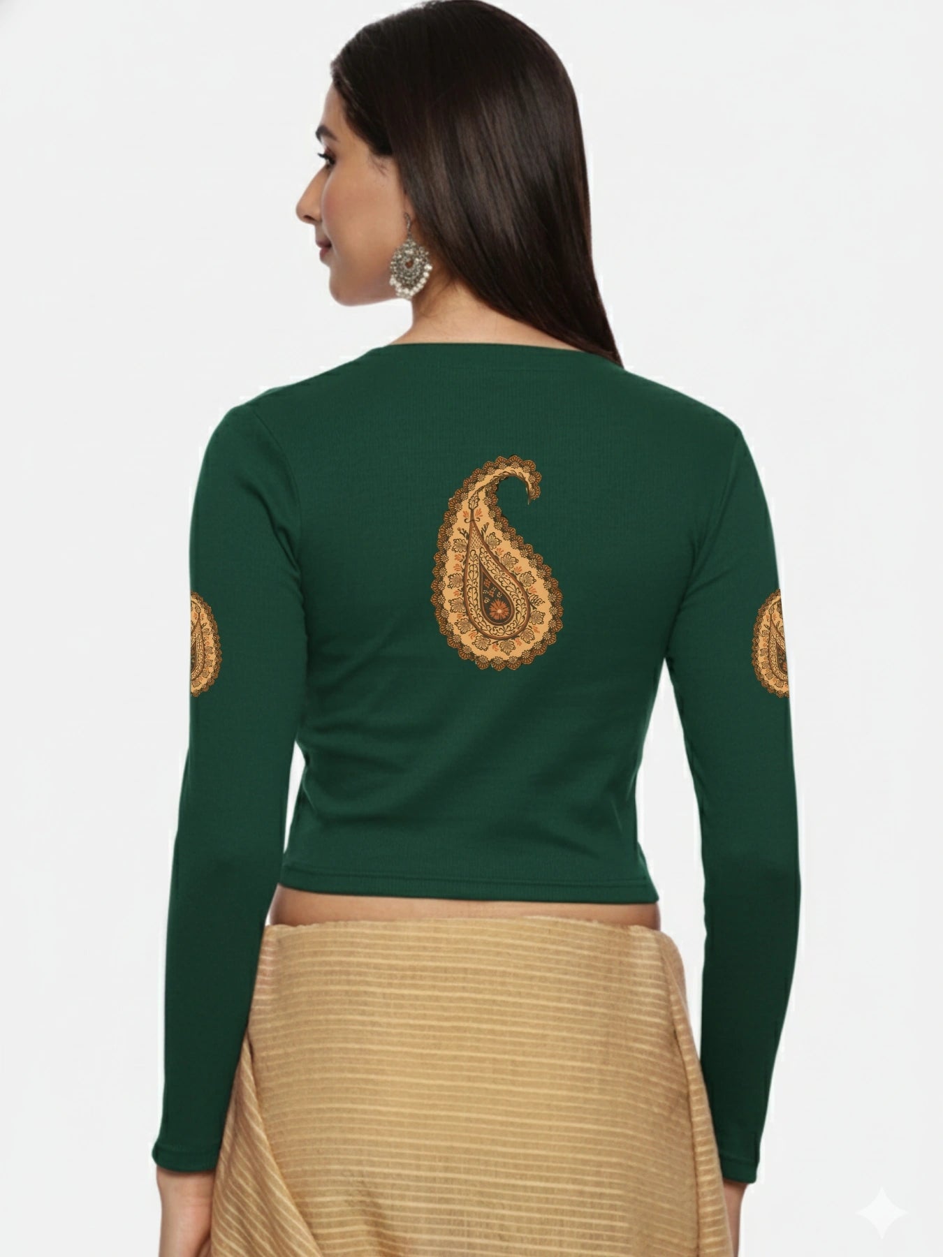 Women Back Printed Stretchable Full Sleeve V Neck RIB Blouse U0186