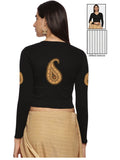 Women Back Printed Stretchable Full Sleeve V Neck RIB Blouse U0186 Black