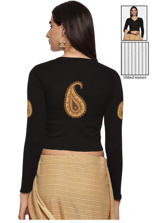 Women Back Printed Stretchable Full Sleeve V Neck RIB Blouse U0186 Black