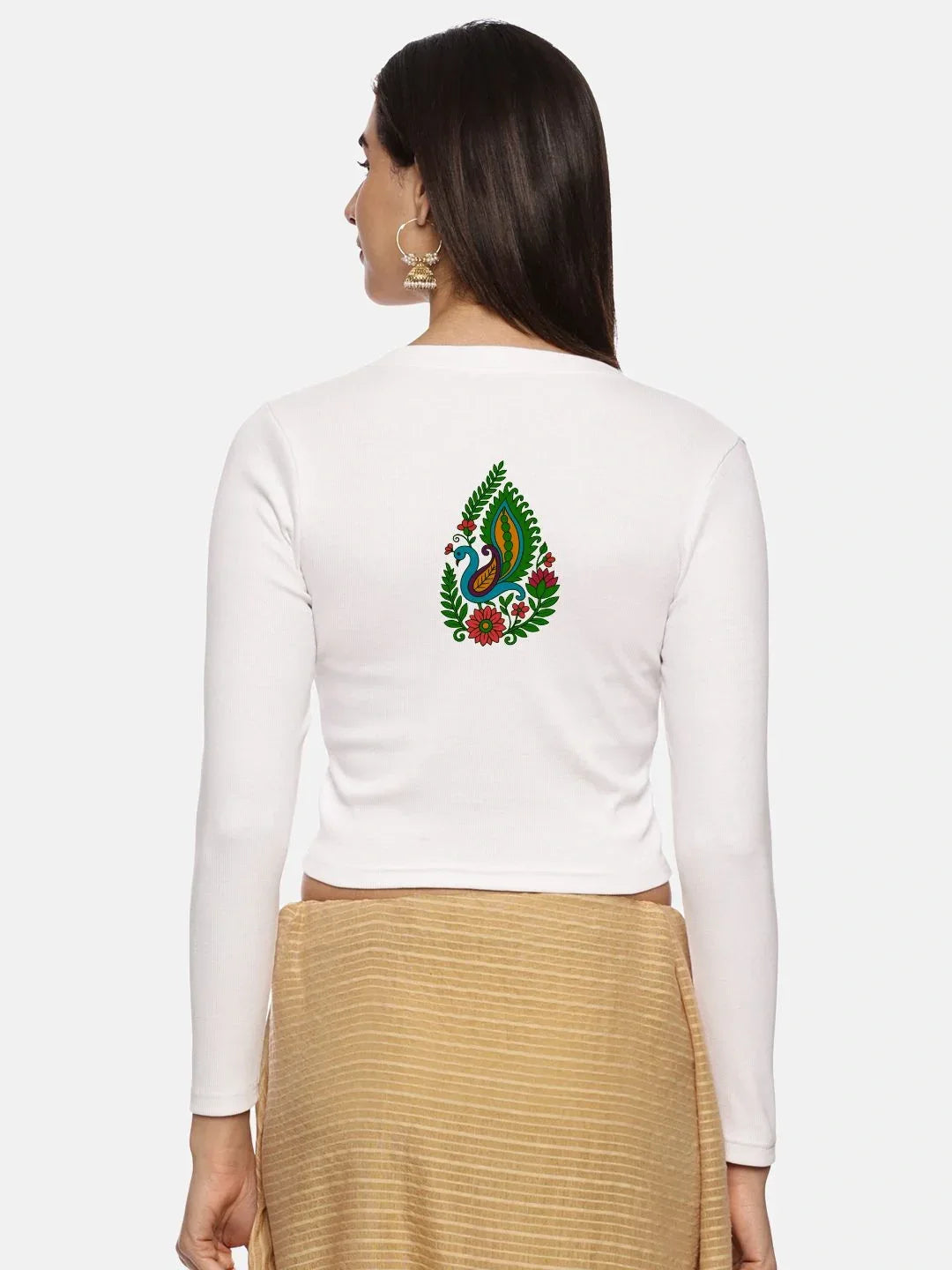 Women Back Printed Stretchable Full Sleeve V Neck RIB Blouse U0187 - notyetbyus