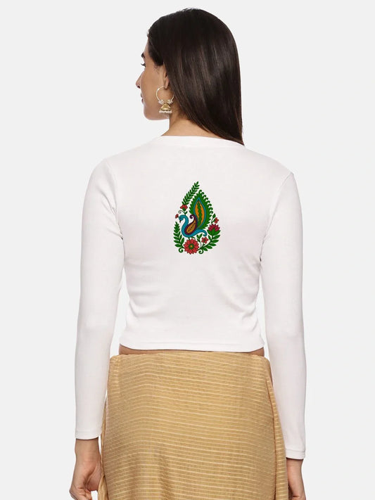 Women Back Printed Stretchable Full Sleeve V Neck RIB Blouse U0187 - notyetbyus