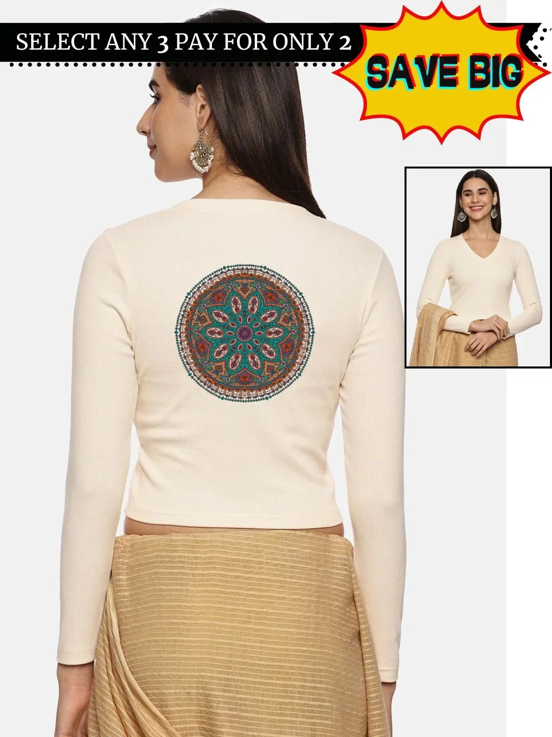 Women Back Printed Stretchable Full Sleeve V Neck RIB Blouse U0188 - notyetbyus