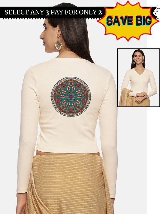 Women Back Printed Stretchable Full Sleeve V Neck RIB Blouse U0188 - notyetbyus