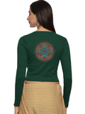 Women Back Printed Stretchable Full Sleeve V Neck RIB Blouse U0188 Bottle Green